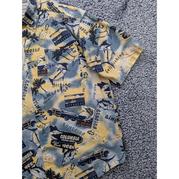 VTG Columbia Fishing Shirt Mens L Button Up Fishing Beach Tropical Hawaiian Blue - Picture 4 of 11